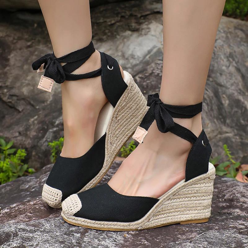 Ankle Lace Up Wedges Sandals Women Summer Closed Toe Espadrille Platform Sandles Woman High Heels Gladiator Sandalias Mujer 43