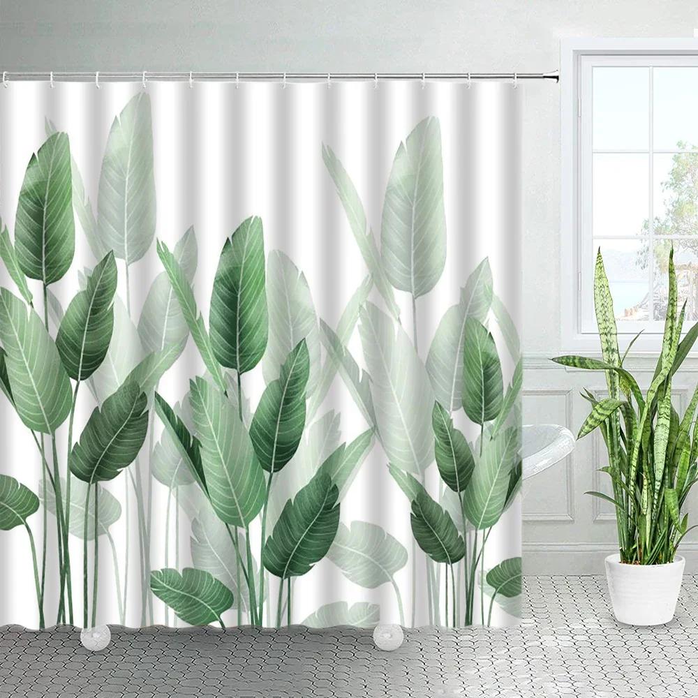 Tropical Plants Floral Shower Curtains Beige Green Palm Leaves Flowers Nordic Decor Bathroom Polyester Bath Curtain with Hooks