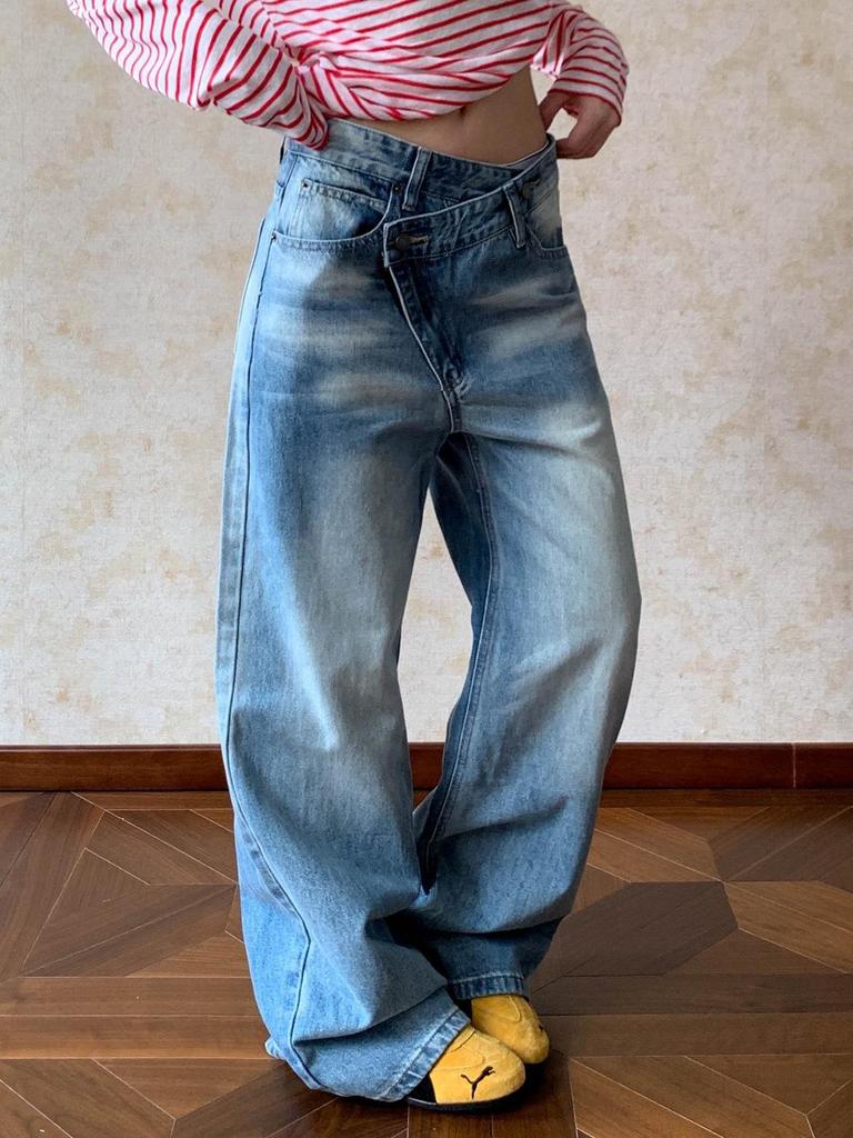 Unisex Retro Distressed Washed Wide-Leg Jeans with Clean Fit Design