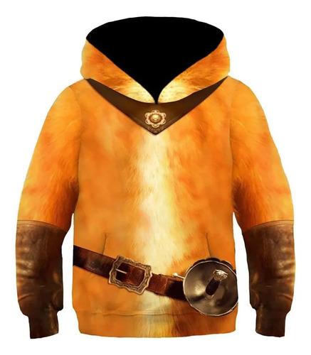 Kids Puss Boots Costume Hoodie Hat Cat Puss Cosplay Print 120cm