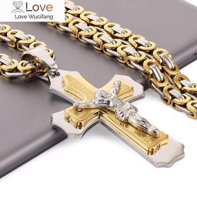 Collana con Ciondolo Croce Multistrato Cristo Gesù Acciaio Inossidabile Maglia Catena Bizantina Pesante Gioiello da Uomo Regalo 21 .65 "6mm Mn78
