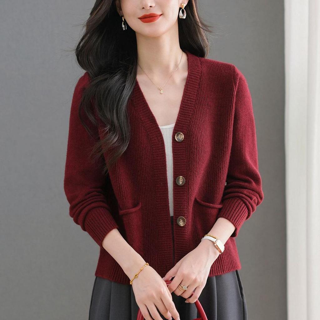 2025 Herbst Damen Eleganter V-Ausschnitt Einreihiger Strick-Cardigan Pullover Mantel mit Taschen.