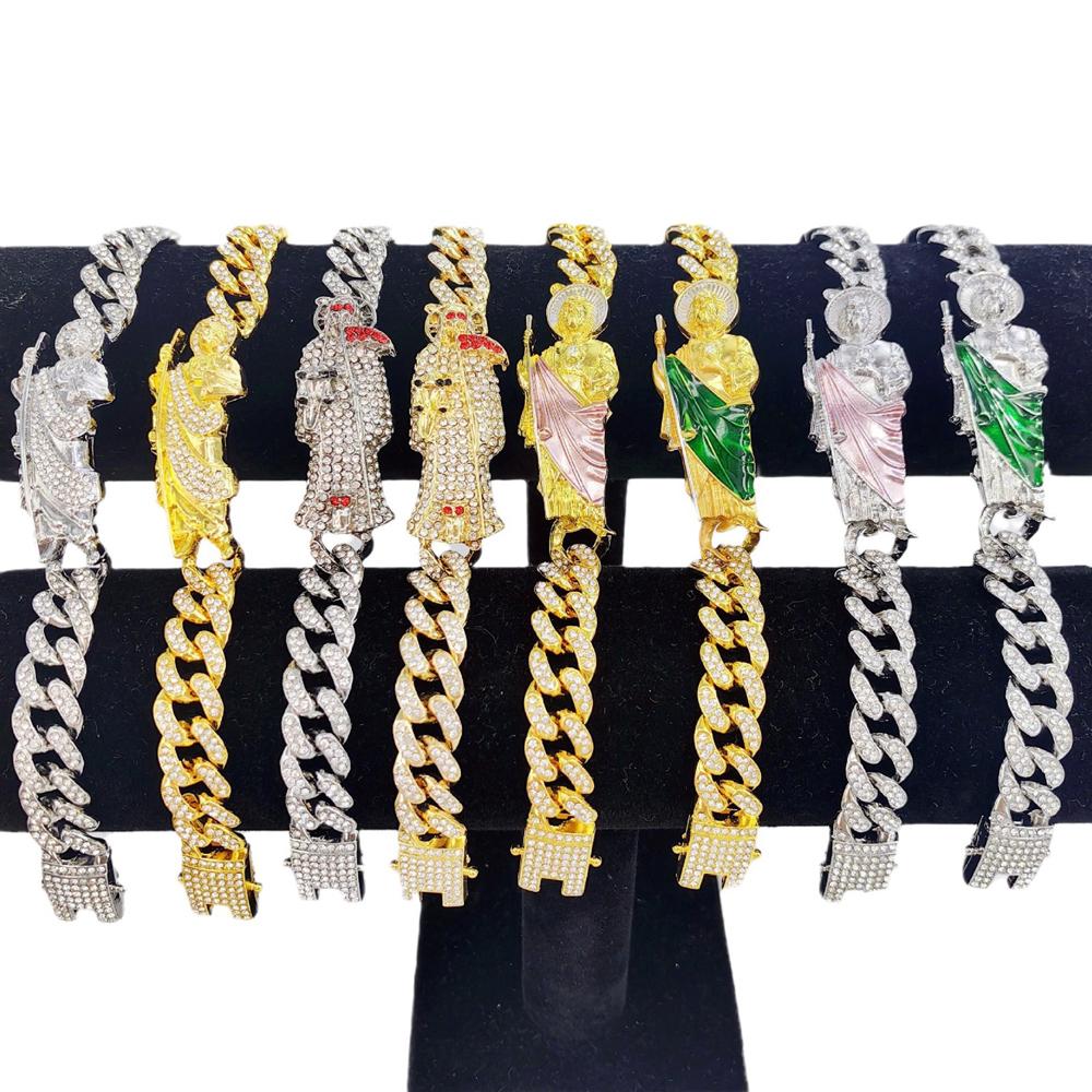 Neues Herren Hip Hop Bling Iced Out Kristall Miami Cuban Link Armband Für Damen San Judas St. Judas Thaddäus Armbänder Religiöser Schmuck