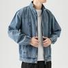 Men Casual Autumn Stand Collar Denim Jacket   Zip Closure Jacket Coat Loose Baggy Blue Retro Jacket Man Fashion Clothing