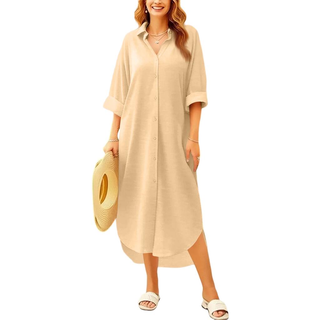 Loose Fit Mid-Length Shirt Dress Women Long Sleeve Button Down Shirt Dress Casual Collared Shirt Dress with Roll-Up Sleeves