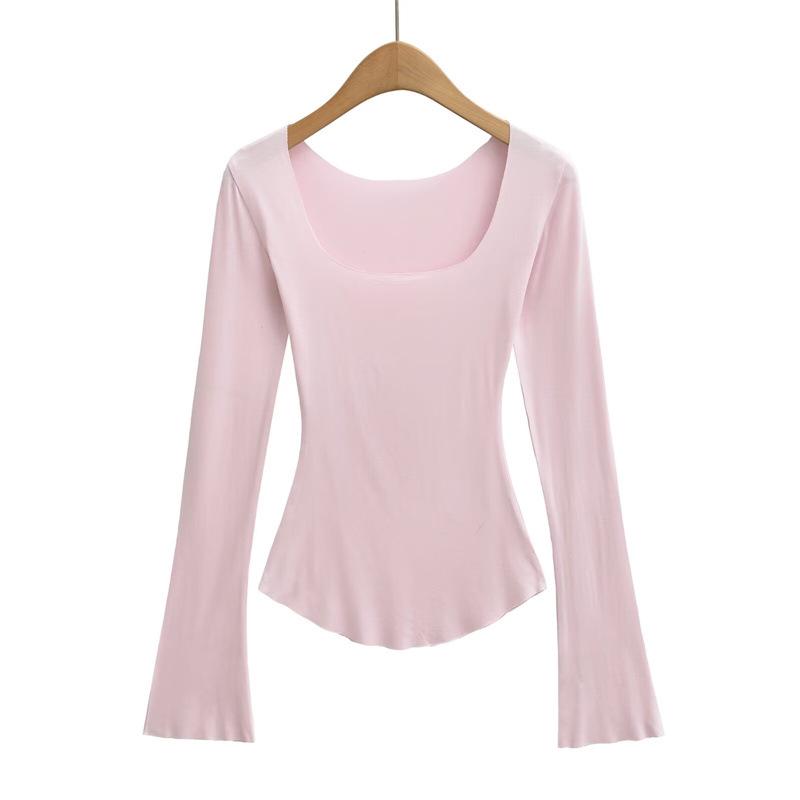 Koreanischer Stil Schlank geschnittenes Quadratischer Ausschnitt Glockenärmel Damen T-Shirt, Elegant Nische, Tailliert, Sexy Schlankmachendes Basisschicht Top