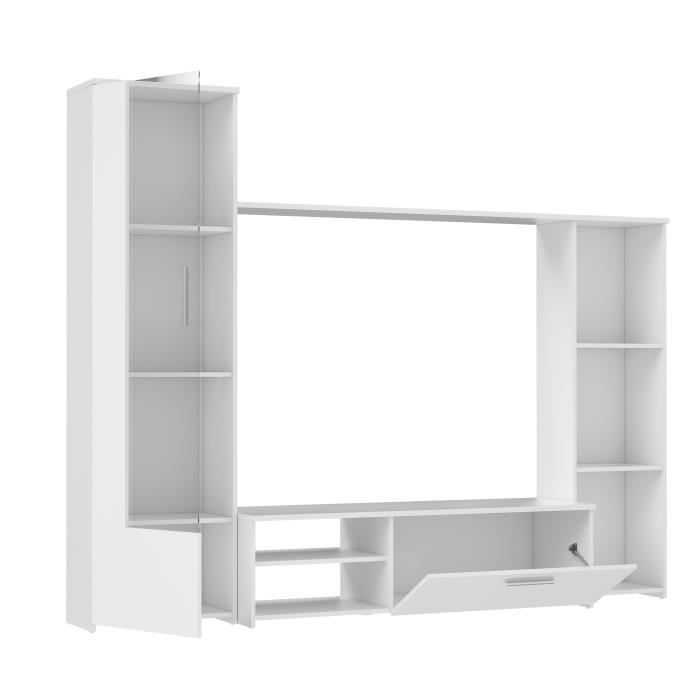 Meuble TV paroi PILVI - Particules mélaminé -Décor blanc mat - porte vitrée + 1 abattant + 5 niches - L220 x P41 x H177,5 cm