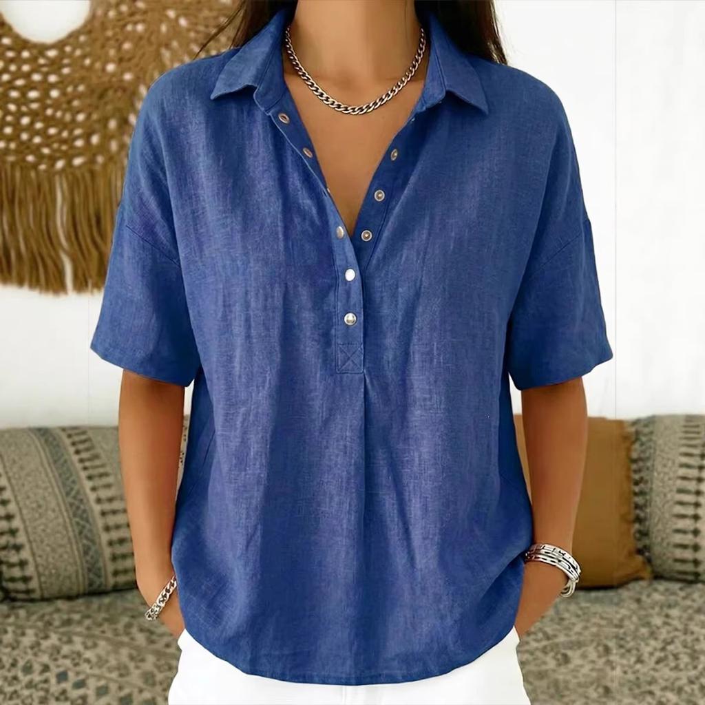 Women's Linen Blend Shirt Casual Short Sleeve Button-Down Loose Fit Blouse Tops