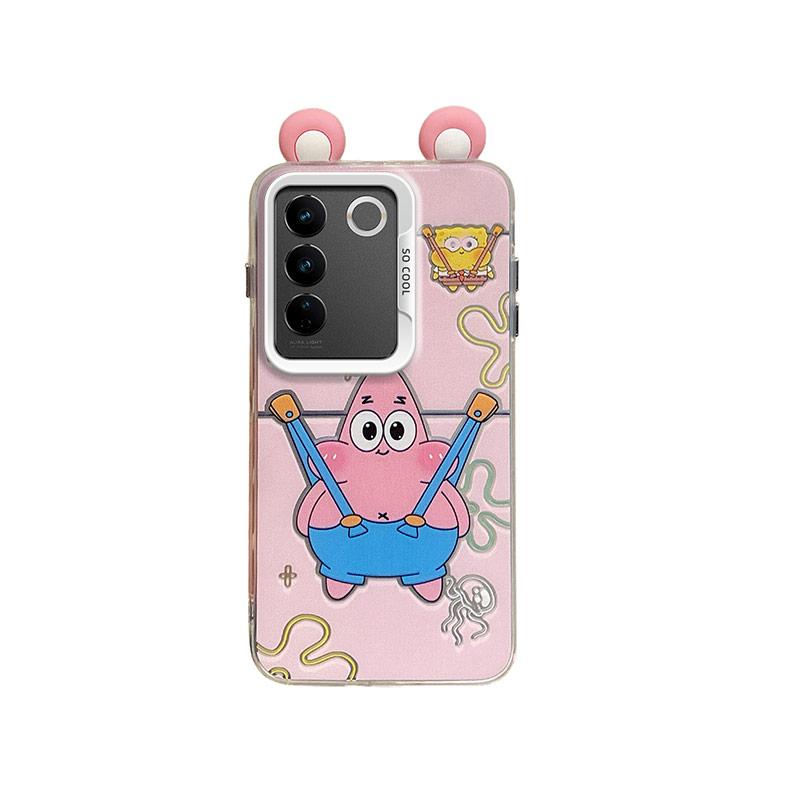 KEYSION Cute Ear Cartoon Case for VIVO V27 5G with Lanyard Soft Silicone+PC Shockproof Phone Back Cover for VIVO V27 5G