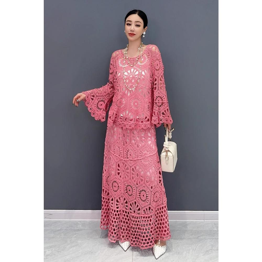 DIMANAF 2025 Neue Rock Anzug Frauen Strand Kurzarm Spitze Stricken Aushöhlen Sexy Oansatz Hohl Sommer Stil Tops Tees Lose grundlegende