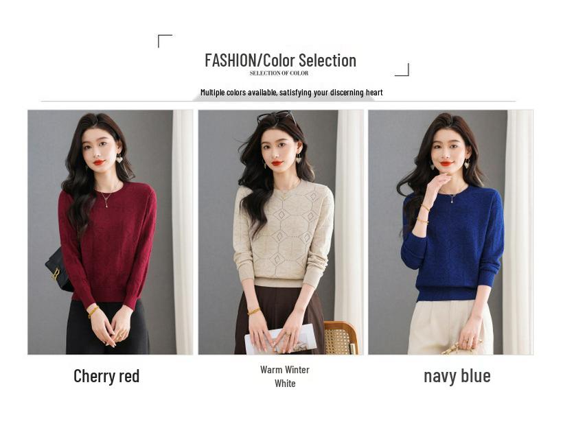 Women's Wine Red Versatile Round Neck Long Sleeve Knitted Sweater - Loose Fit and Slimming Fashionable Inner Wear