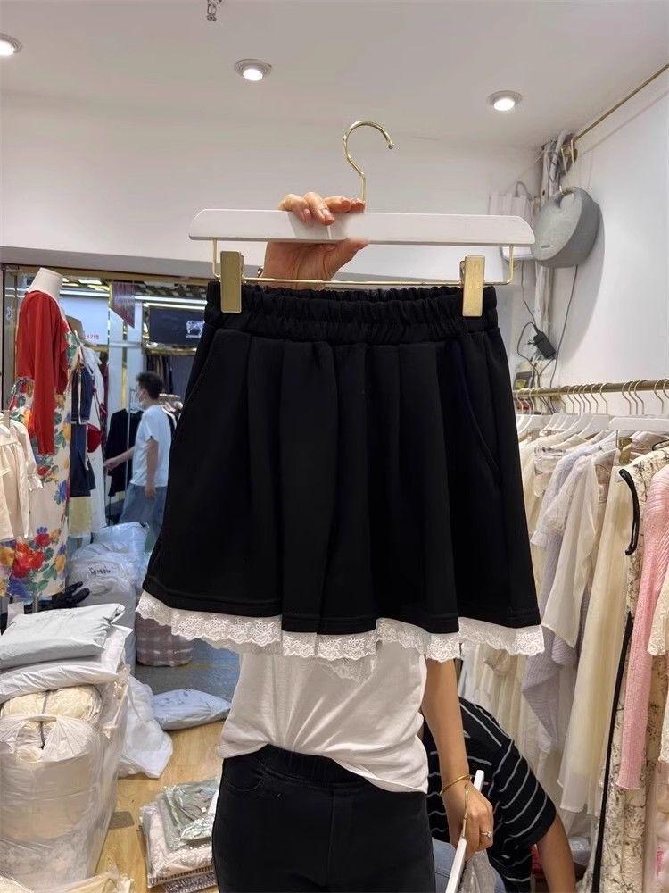 Women's Summer Lace Trim Spliced Wide Leg High Waist Casual Shorts