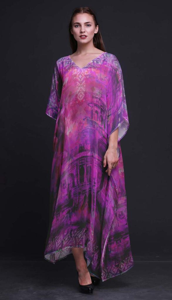 Phagun Mughal Monuments Long Caftan Maxi Dress Beach Swimwear Cover up Womens