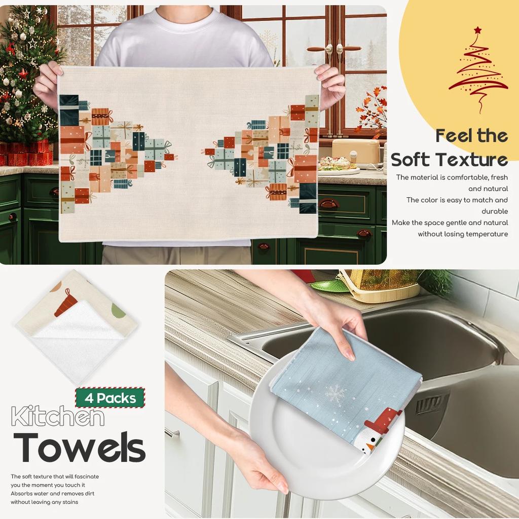 2/4/6pcs Set Kitchen Towels Snowman Christmas Tree patternHand Towels Christmas Decorations for Home Noel Dish Towels Gifts