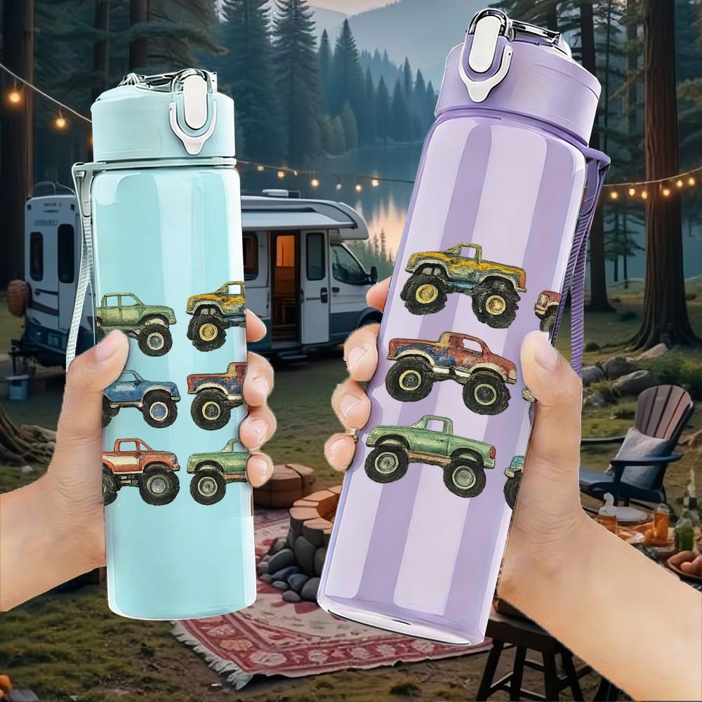 1PC Toy Car Collection Seamless Print 750ml Color Plastic Sports Water Bottle Leakproof Flip Straw Lid Suitable for Sports Office Home Use