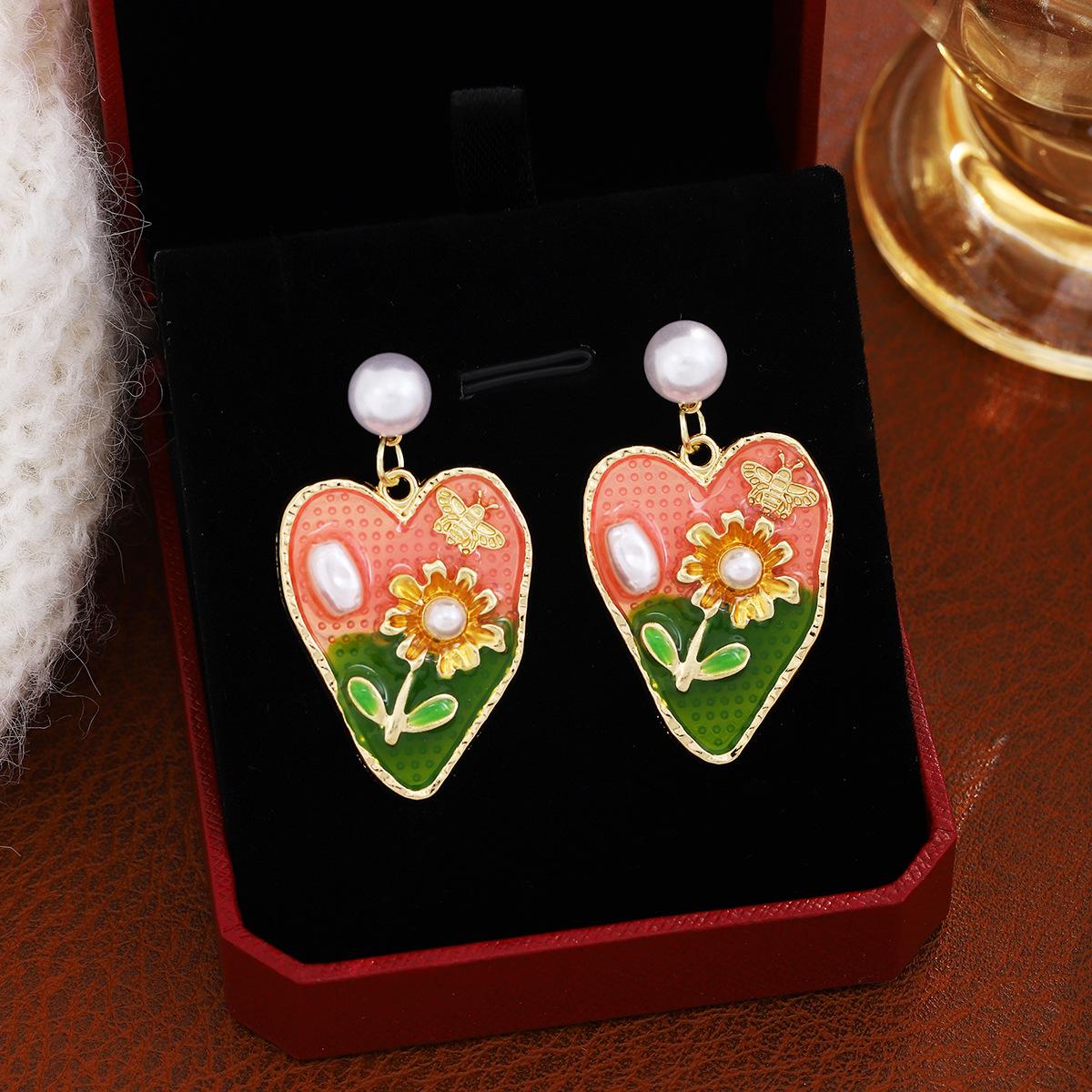 French Retro Oil Drip Three-Dimensional Flower Love Earrings, Monet Garden Mori Sweet Girlish Temperament Earrings For Women