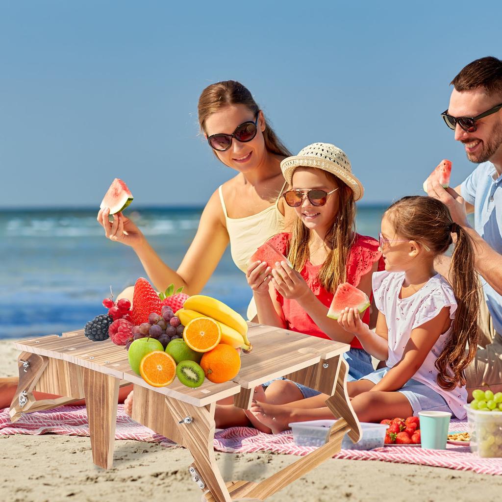 Wooden Folding Picnic Basket Table Outdoor Portable 2 in 1 Vintage with Wine Glass Holder