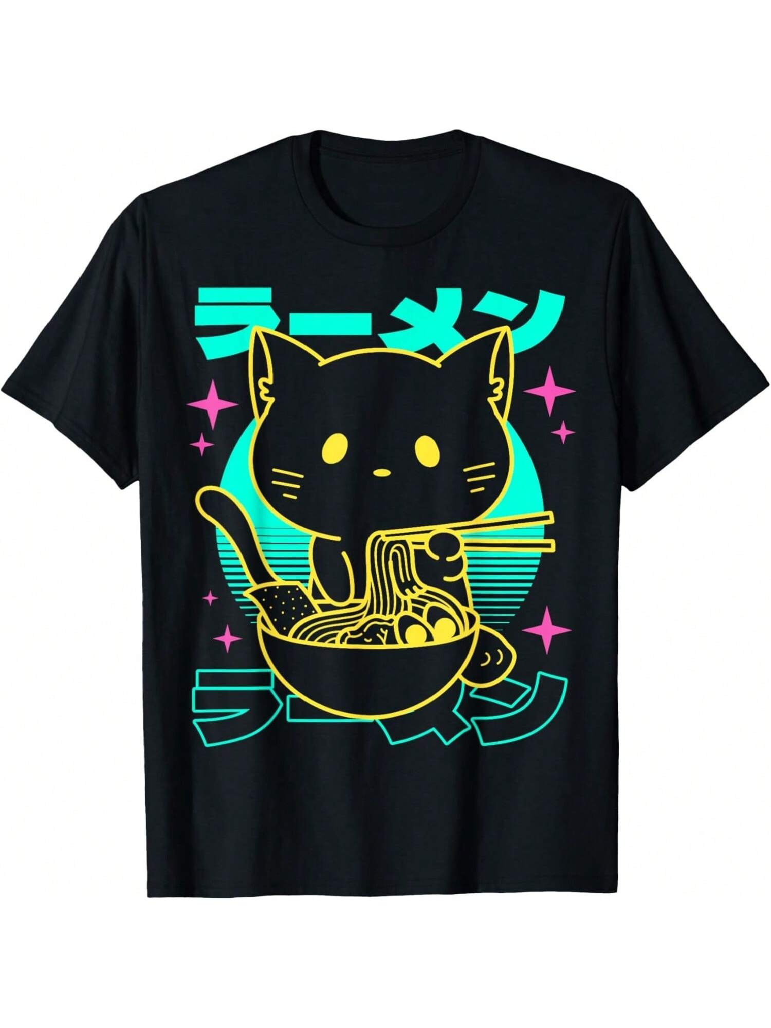 Anime Raunisex Cat Japanese Retro Noodles Aesthetic Kawaii Cat T-Shirt S разноцветный