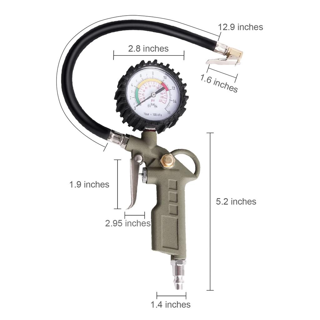 Tire Inflator With Pressure Gauge, 0-220PSI Dial Wheel Air Tire Pressure Gauge, Heavy Duty Rubber Hose With Quick Coupler, Air Compressor Tire