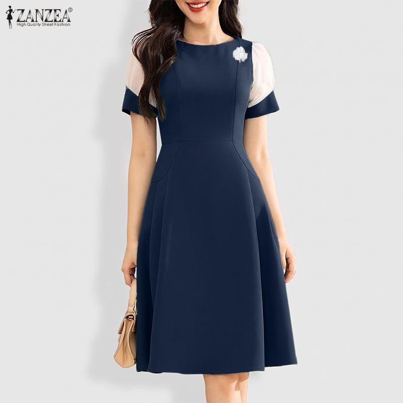 ZANZEA Women Casual Round Neck Mesh Splice Short Sleeve Summer Dress