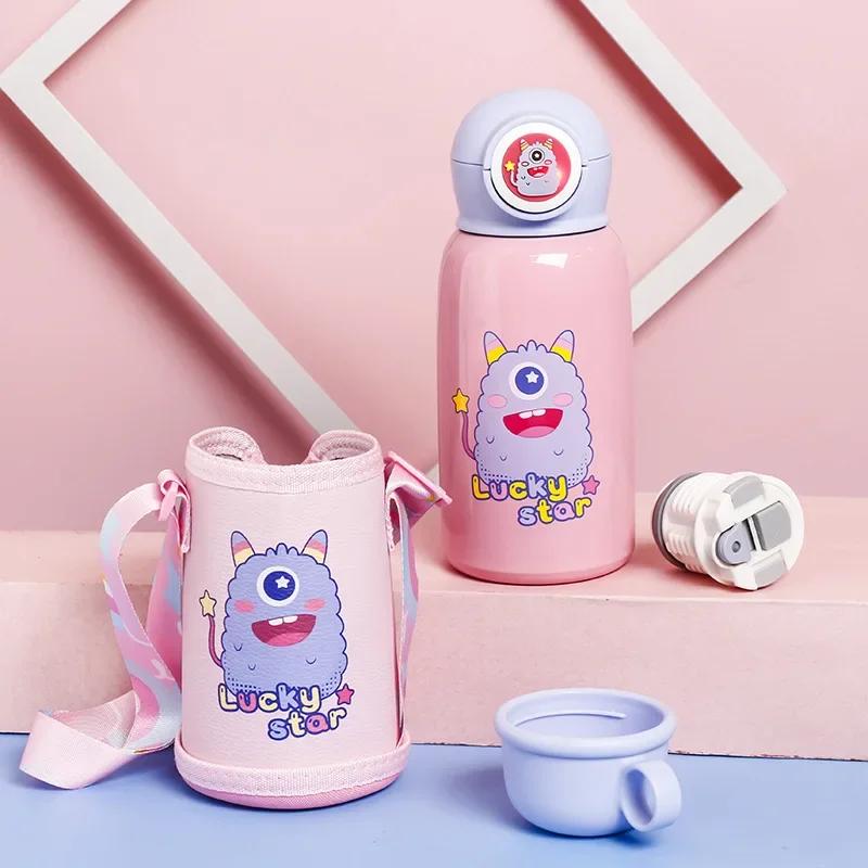 Cartoon Children's Straw Water Cup Strap Bouncing Cup Children's Vacuum Double-lid Double-layer Stainless Steel Vacuum Flask