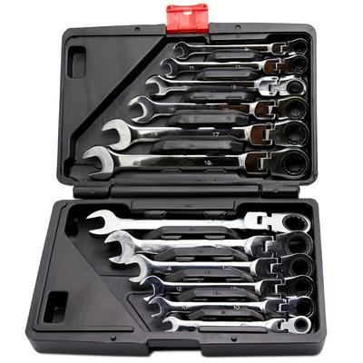 12pcs Chrome Vanadium Steel Ratcheting Wrench Set, 8mm-19mm Metric, Flexible Head Combination Gear Wrench Set