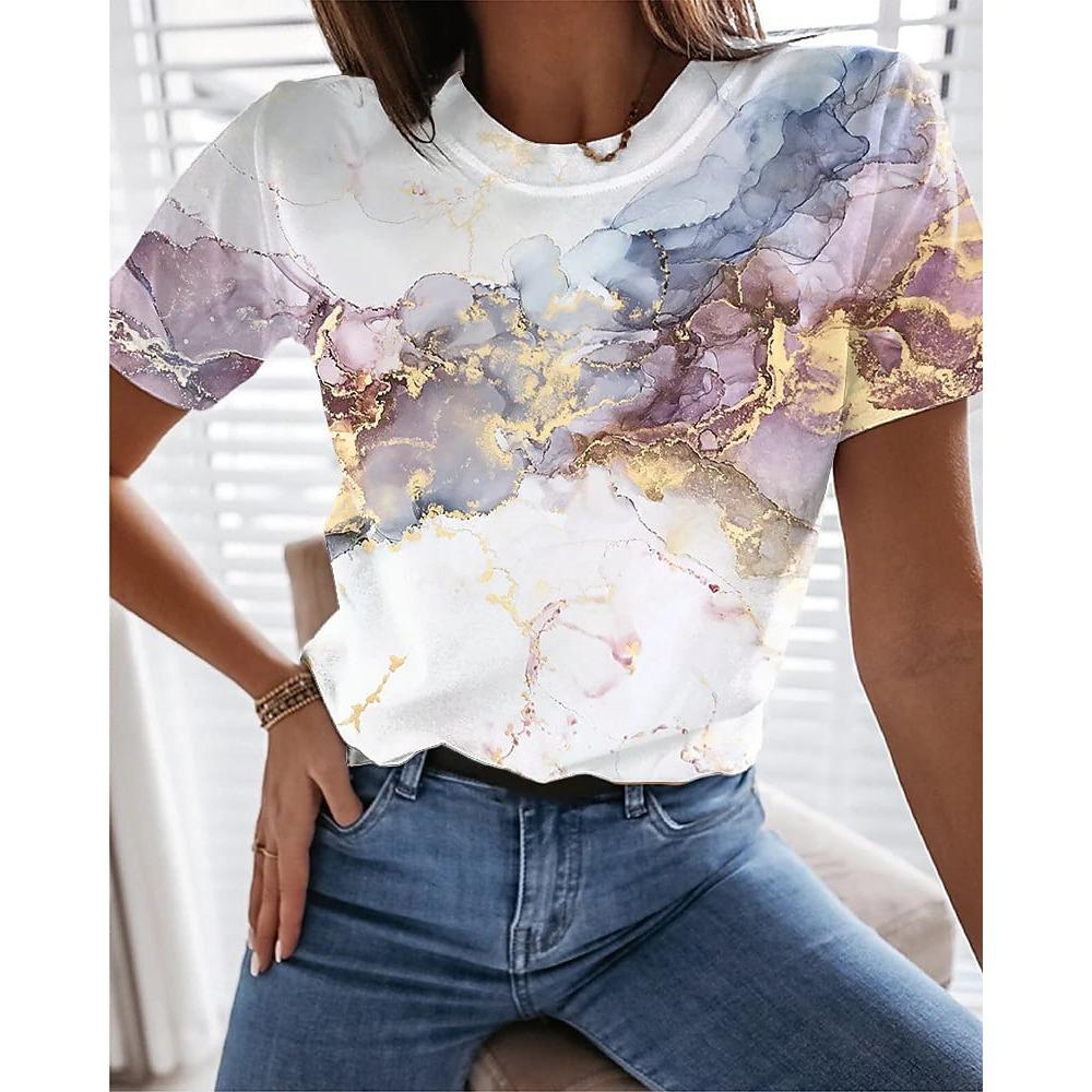 Colorful Flower Butterfly 3D Printed T-shirt for Women, Round Neck Short Sleeve T-shirt