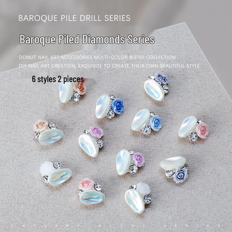 

Baroque Diamond Pearl Nail Art: High-Gloss, Irregular Camellia Design, 2 Pieces