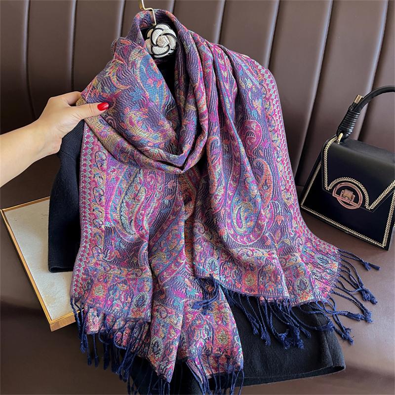 Tassel Blanket Design Thick National Flowers Pashmina Autumn Warm Shawls Wrap Cashmere Scarf for Women Poncho Stoles Scarf