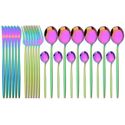 24Pcs Multicolor Dinnerware Set Western Stainless Steel Cutlery Tableware Knife Fork Coffee Spoon Flatware Home Kiechen Silverware