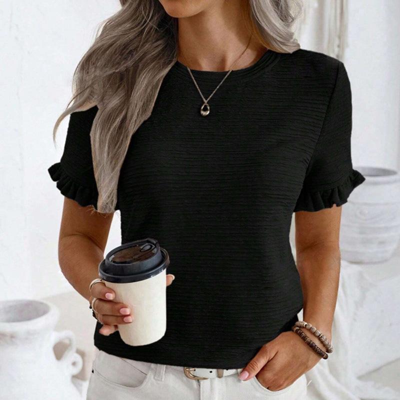 

Женская летняя футболка с оборками и короткими рукавами, пуловер с круглым вырезом, блузка, топ XXL чёрный