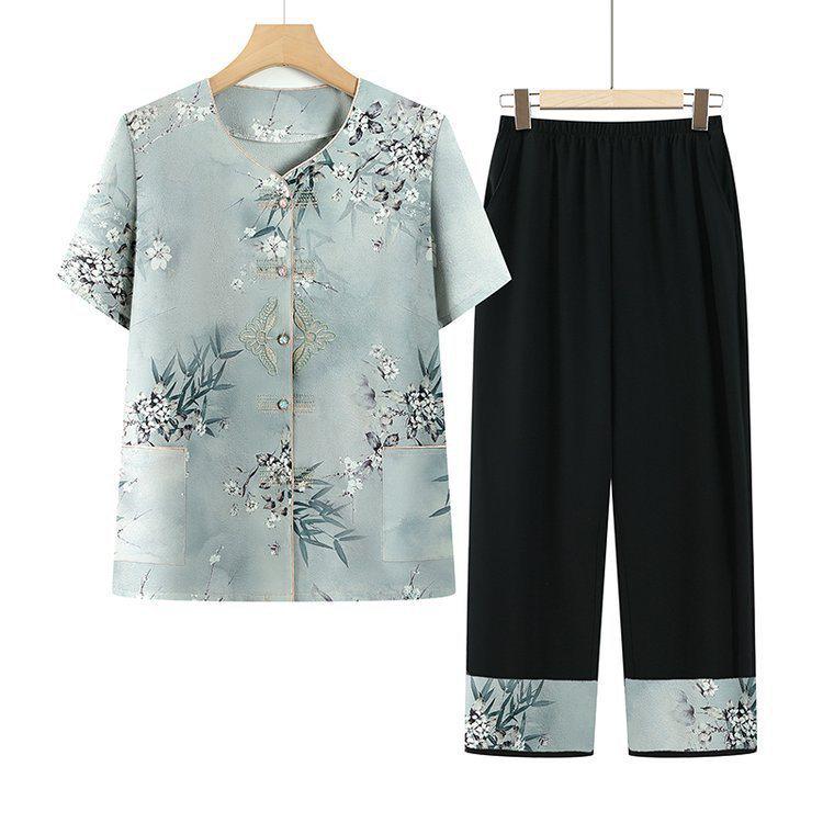 Grandma s Summer Suit: Ice Silk Short-Sleeve Set for Moms & Elderly Women 5XL for 145-160 lbs светло-синий