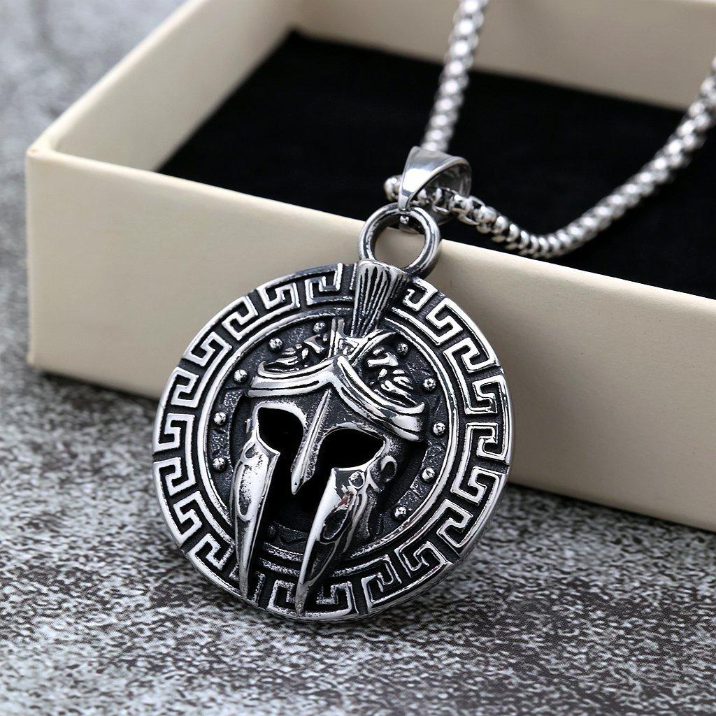 Antique Spartan Warrior Mask Pendant Necklace Stainless Steel Mens Jewelry Single Sided Design