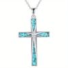 Collar con Cadena de Tono Plateado y Colgante de Cruz con Incrustaciones de Turquesa para Mujer