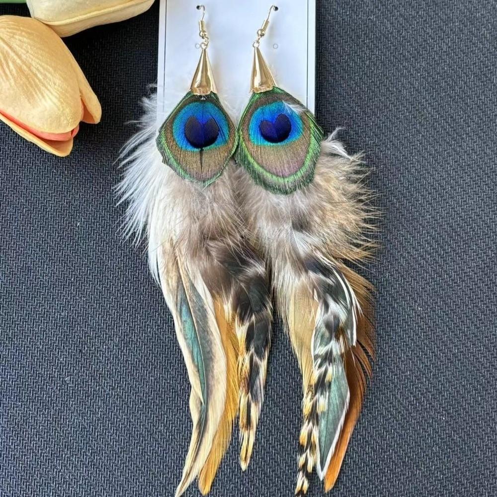 Boho Long Feather Dangle Earrings Hanging Peacock Tassel Earrings  Festive Gift