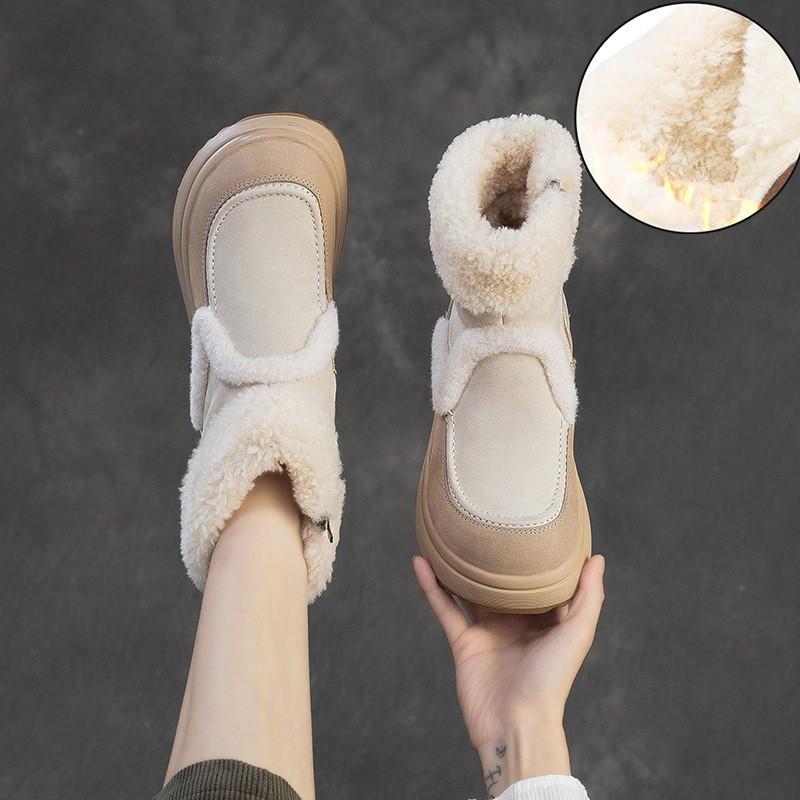 Johnature Warm Genuine Leather Snow Boots With Thick Bottom And Inner Wool Women's Short Boots