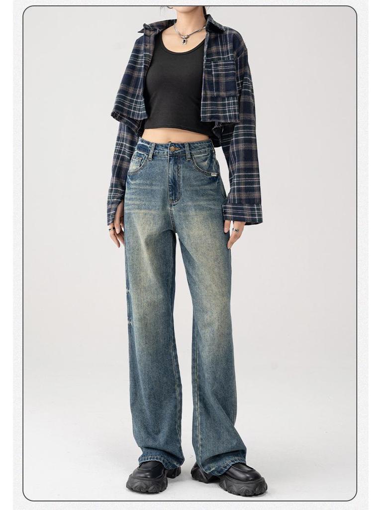 Women's High-Waist Retro Blue Wide-Leg Jeans - 2025 Summer Slim Straight Fit