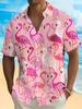 Men'S Plus Size Short-Sleeve Flamingo Print Casual Shirt - Pink Tropical Design, Non-Stretch Fabric, Summer Vacation Outfit with Waist Pocket, Large