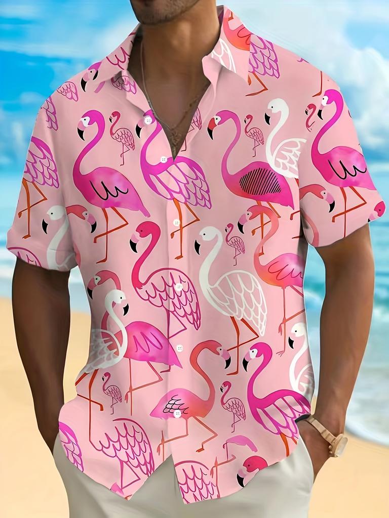 Men'S Plus Size Short-Sleeve Flamingo Print Casual Shirt - Pink Tropical Design, Non-Stretch Fabric, Summer Vacation Outfit with Waist Pocket, Large