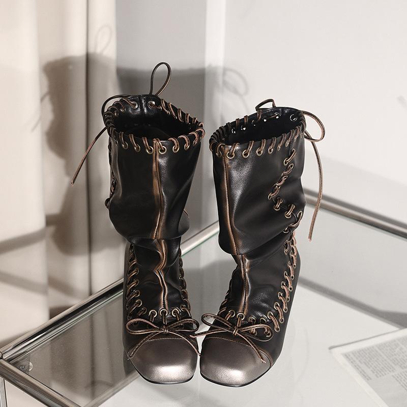 Spot 2025 autumn and winter new fashionable thick heel round head rivet bow short boots fashion wide women's boots