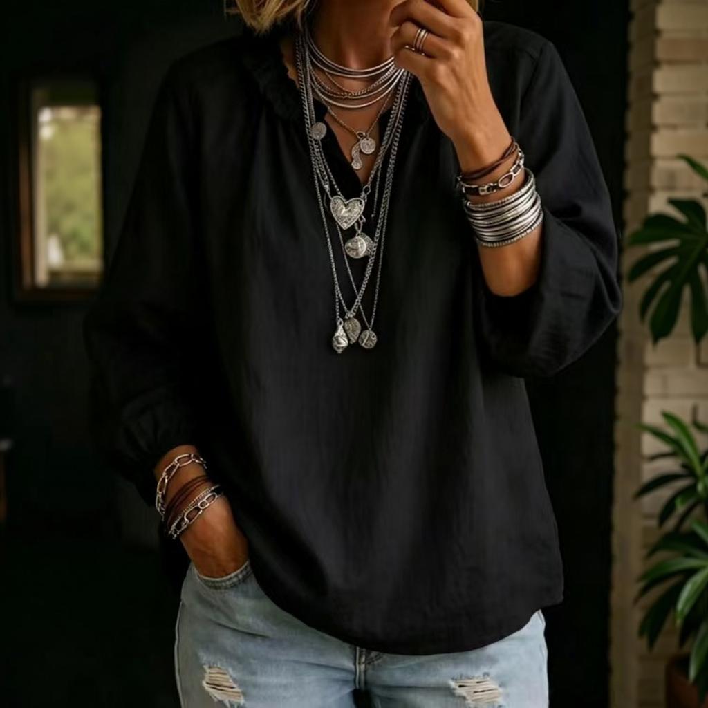 Women's Long Sleeve V Neck Pullover Blouse Loose Fit Casual Top