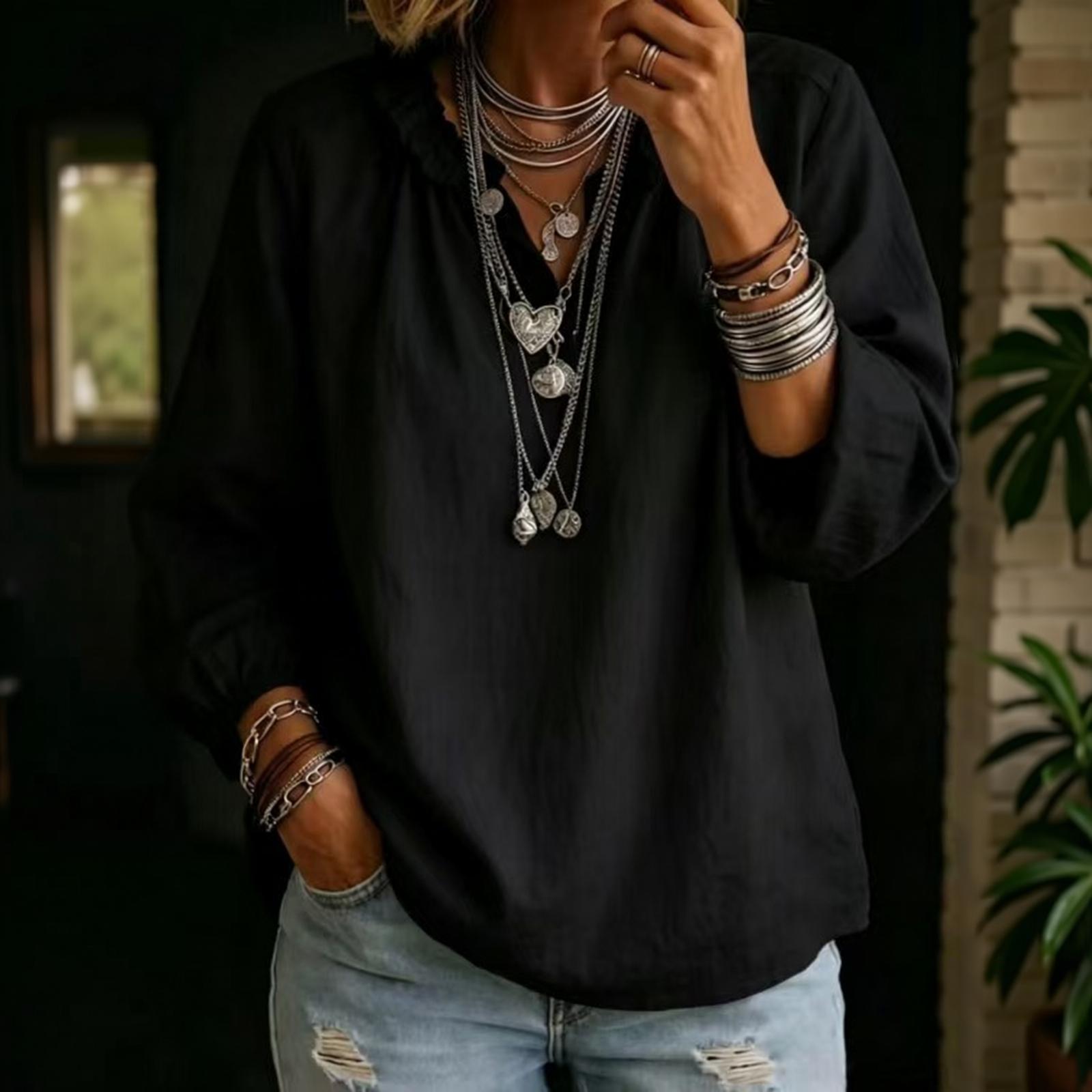 Women s Long Sleeve V Neck Pullover Blouse Loose Fit Casual Top M