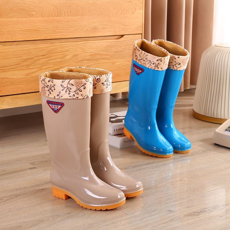 High rain boots rain shoes women's adult water shoes non-slip beef tendon sole fleece thermal overshoes rubber shoes wear-resistant work winter
