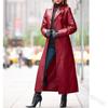 Surto de pedidos suprimento botões femininos jaqueta de couro casaco longo trench coat fino de couro w