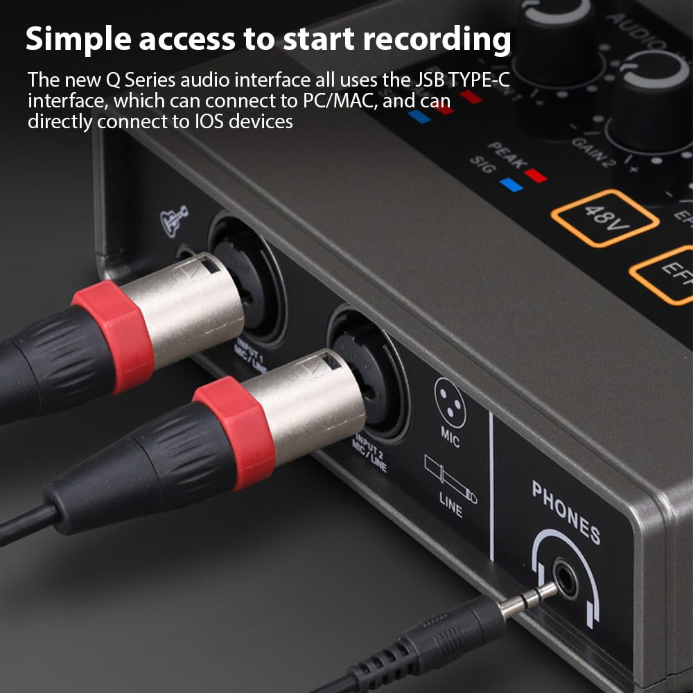 Audio Interface XLR Audio 48V Phantom Sound Plug and for Music Online and Vocal Black Recording, Interface, DSP, Reverb, Power, Card, 16-bit/48kHz