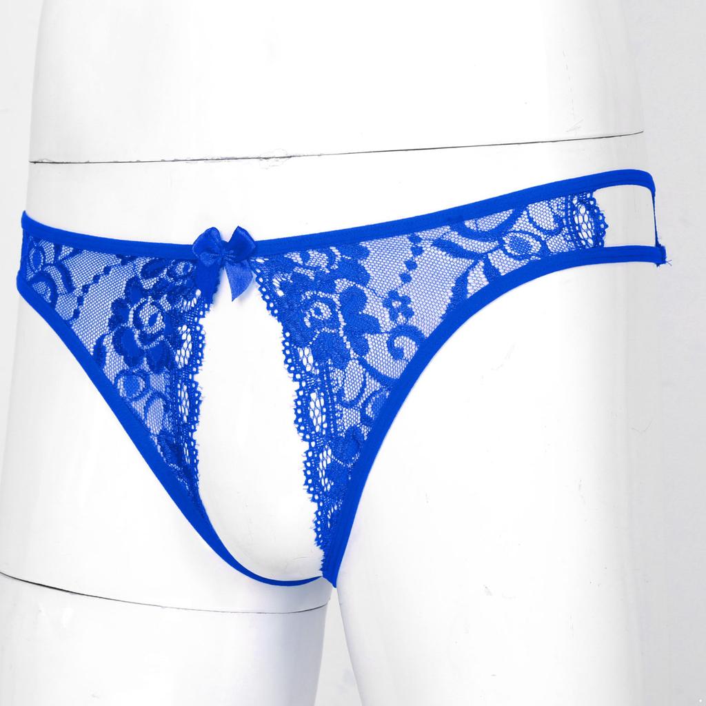 Men Sissy Panties Floral Lace Sheer Hollow Out Low Rise G-String Thongs Crossdresser Lingerie