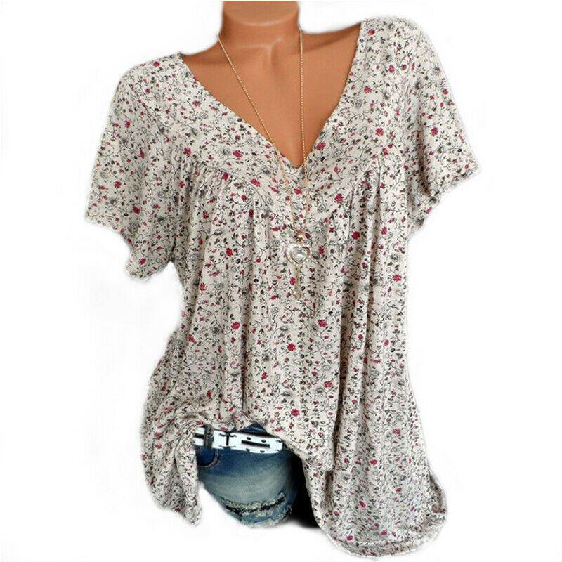 Women V Neck Floral Tee Tshirts Short Sleeve Blouse Summer Tunic Tops Plus Size