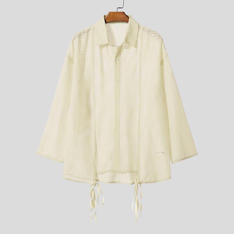 INCERUN Men Lapel Neck Long Sleeve Hollow Out Fishnet Mesh Sheer Beach Shirts Tops 