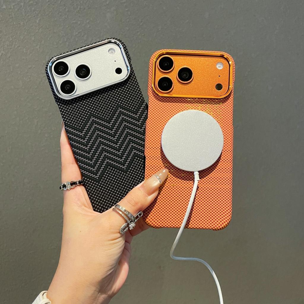 Carbon Fiber Kevlar Texture Magnetic Phone Case For iPhone 17 Air 16 15 14 Pro Max Metal Camera Frame Hard Plastic Cover