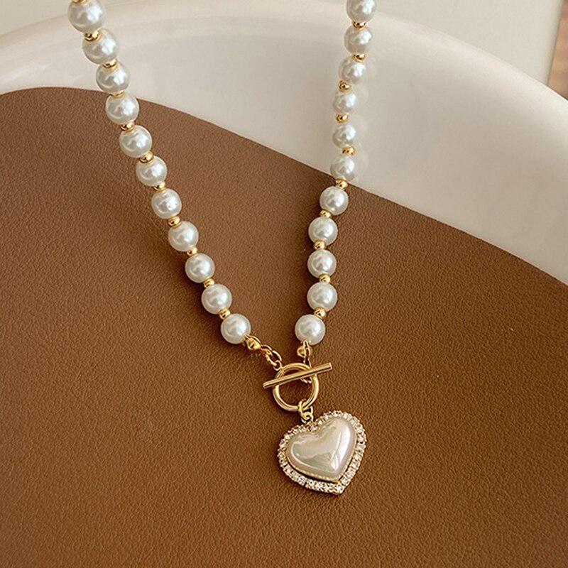 Elegant Pearl Necklace For Women Heart Pendant Necklaces Luxury Imitation Pearls Chain Necklaces Korean Zircon Girls Gifts